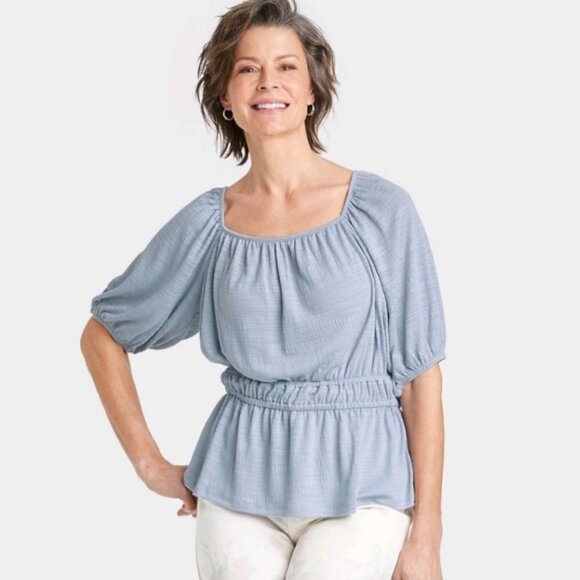 Knox Rose Womens NWT Light Blue Square Neck Peasant Sleeve Bohemian Blouse XL - Picture 1 of 8